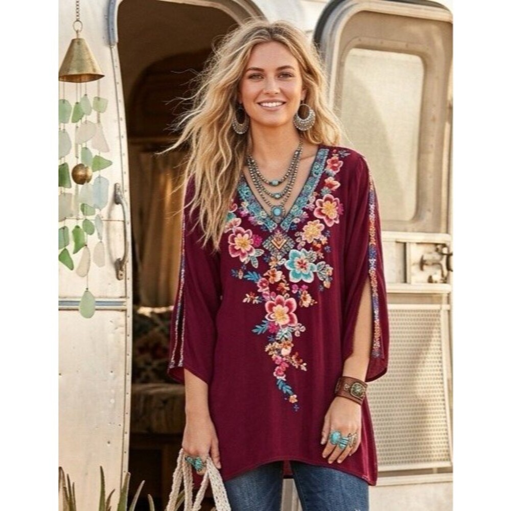 Johnny Was Roma Embroidered Tunic XL Boho Chic Coastal Resort Burgundy